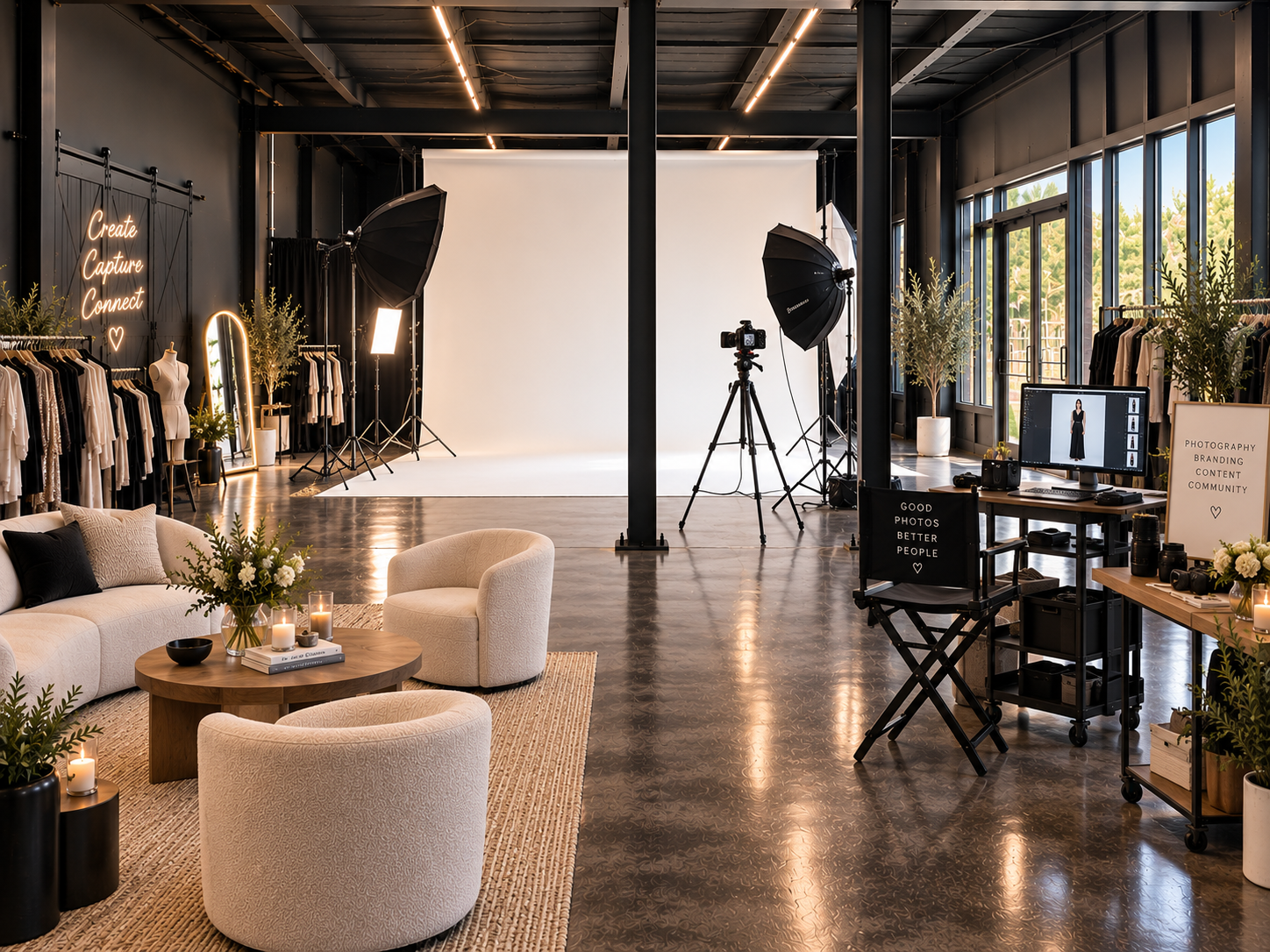 Studio setup with a white backdrop, lighting and lounge seating
