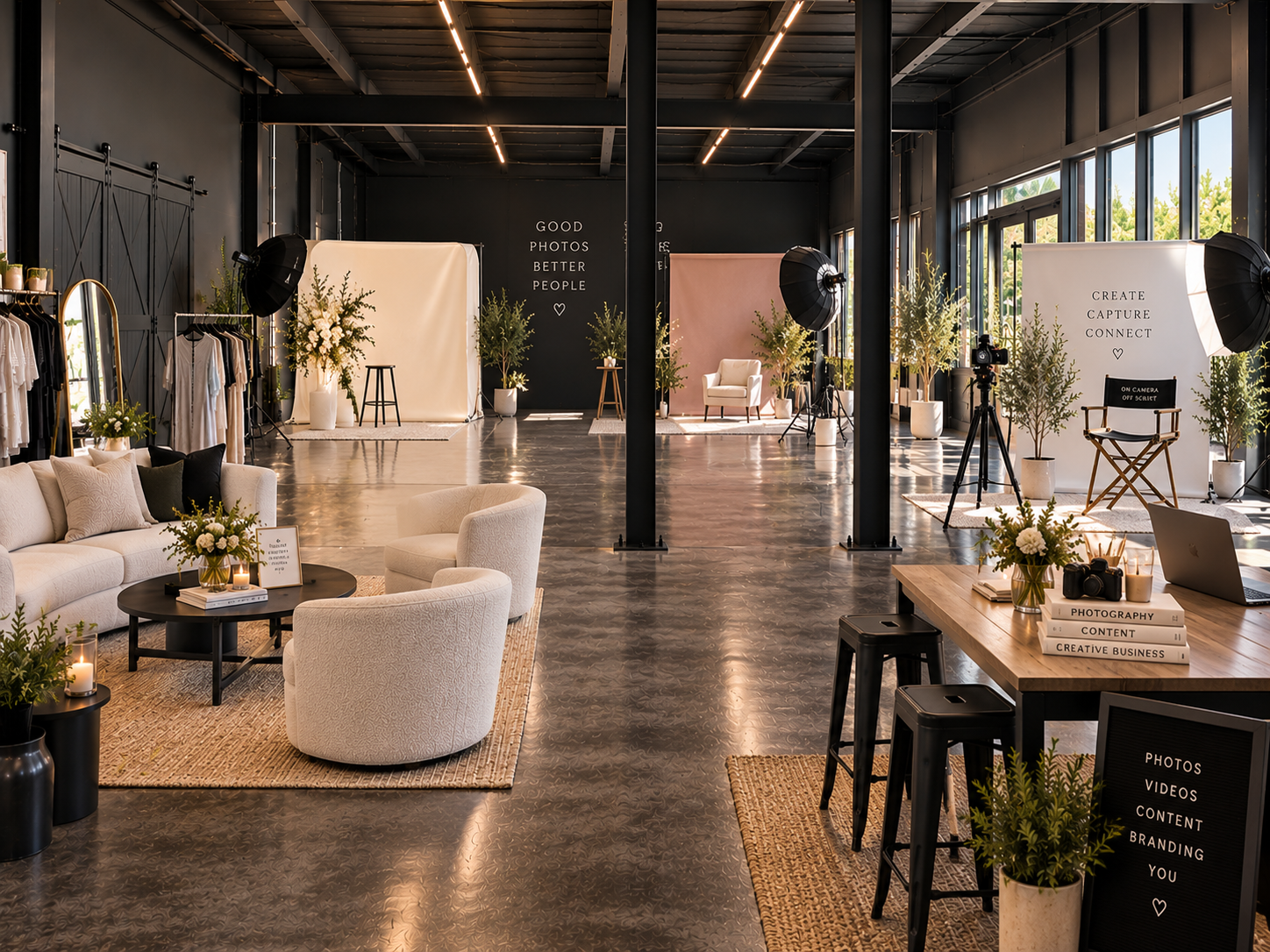 Interior styled with lounge seating, photo backdrops and greenery