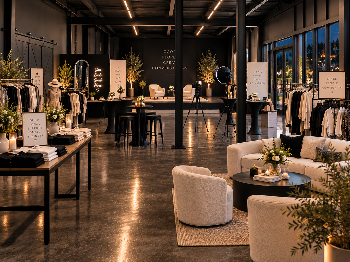Pop-up market inside the venue with clothing racks, signage and lounge seating