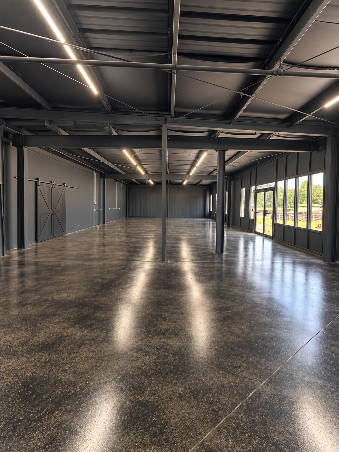 The open blank-canvas interior of Freehome Social with polished floors and glass doors to the lawn
