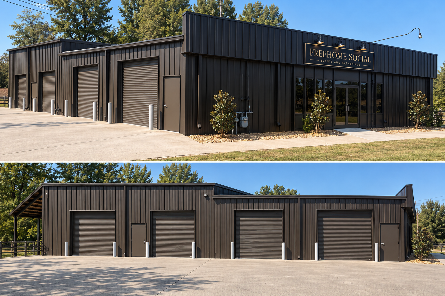 Exterior of Freehome Social: a black metal building with gold signage and roll-up doors