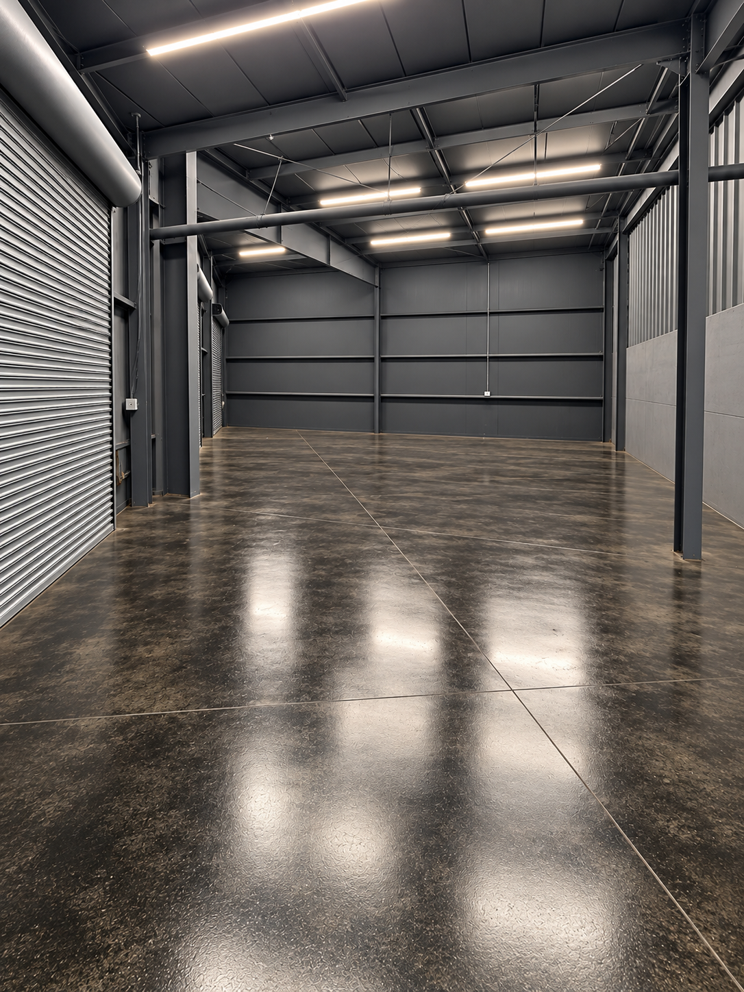Interior bay with roll-up doors, high ceilings and polished concrete floors